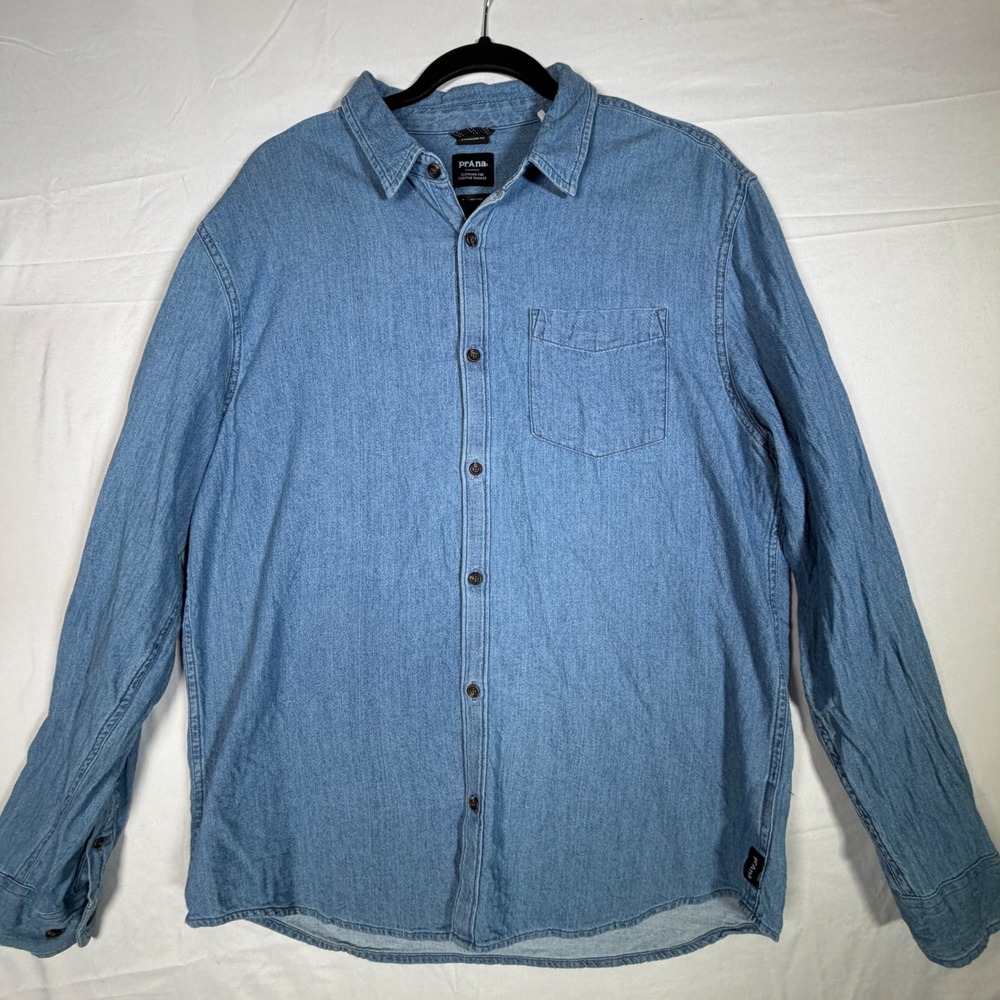 Prana Denim Chambray Long Sleeve Button Up Shirt Men's Size L Blue Work Casual